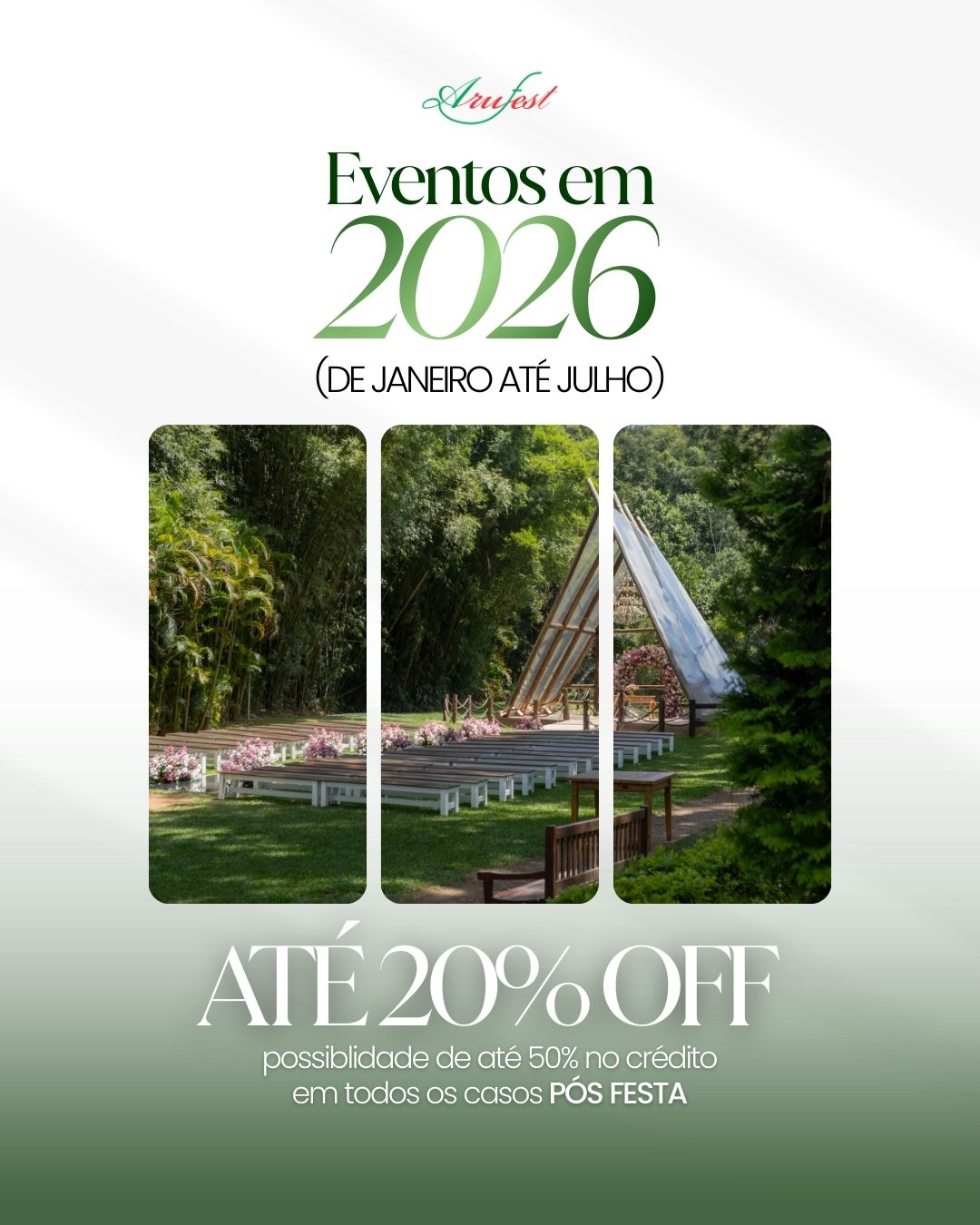 Sua festa completa no Arufest com até 20% OFF, as sextas-feiras, para 100 convidados, datas de 2026.